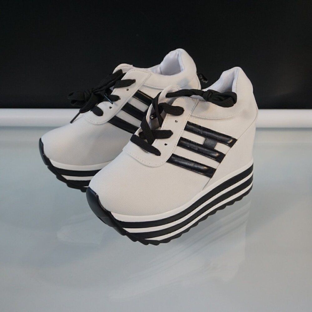Women's Platform Sneakers Lace Up Shoes Increased Height Skateboard Shoes Sz 37